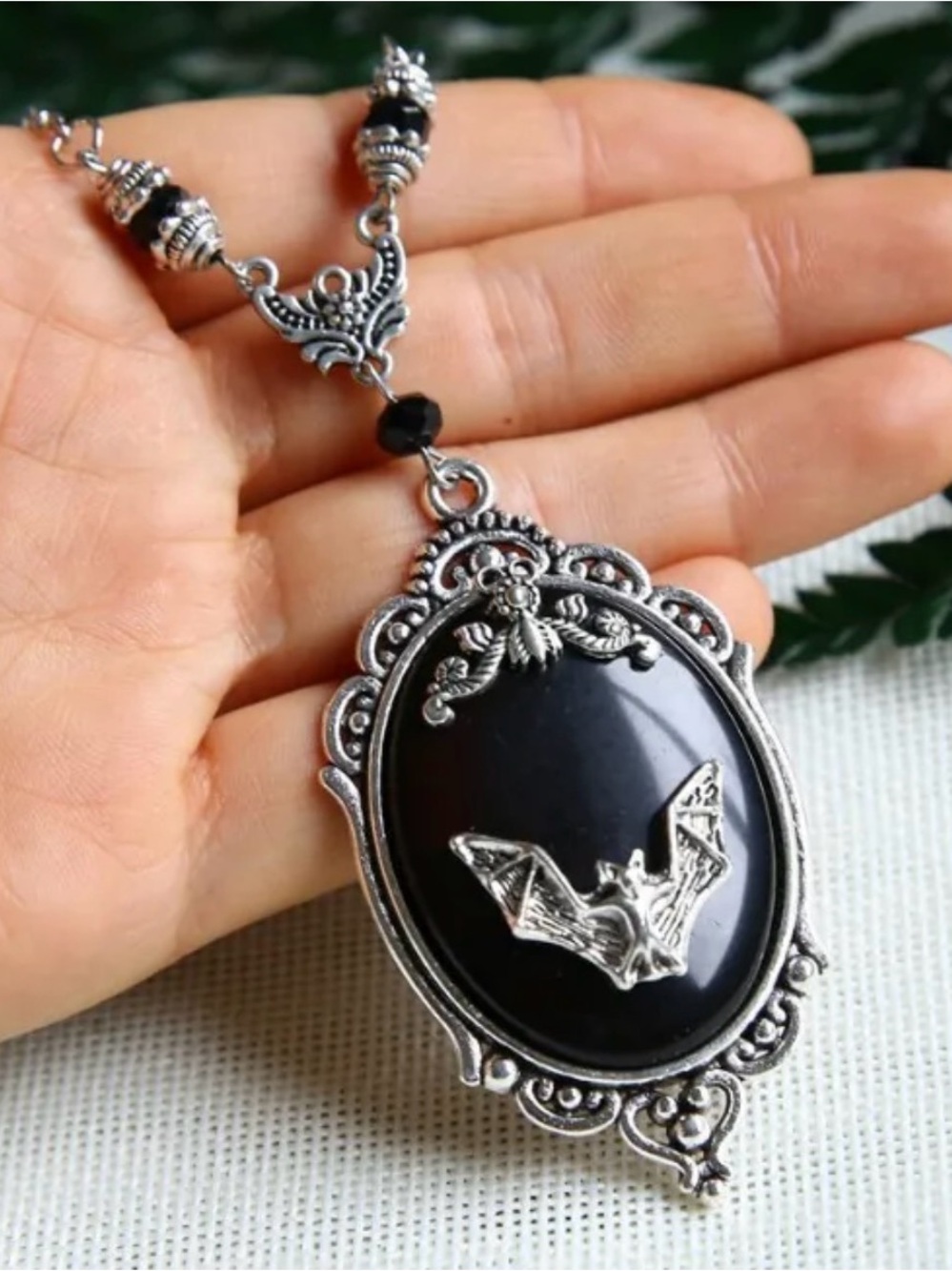 Silver Bat Black Oval Pendant Necklace - Women Jewelry